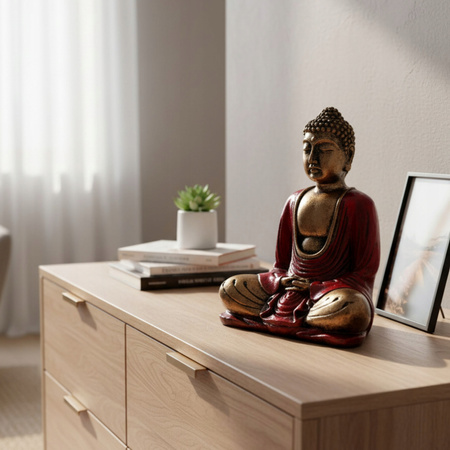 Figurka Buddy - Statuetka Czerwono-Złota - Feng Shui i Medytacja - Dekoracja Ezoteryczna