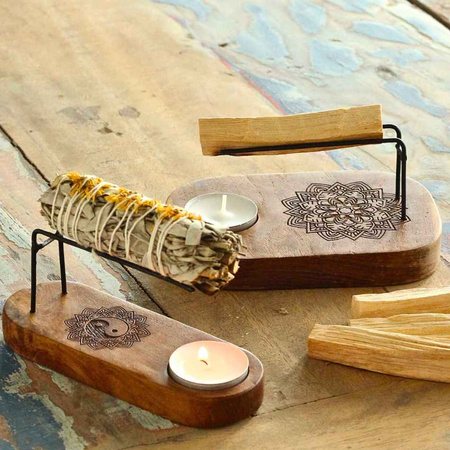 Mała Podstawka pod Palo Santo - Drewno Teak - Hamsa Ręka Fatimy