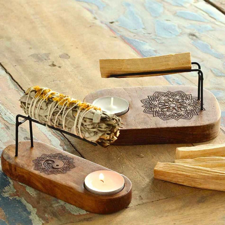 Mała Podstawka pod Palo Santo - Drewno Teak - Hamsa Ręka Fatimy