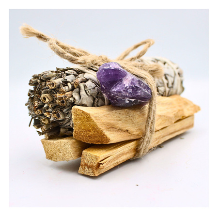 Zestaw Rytualny - Palo Santo z Peru - Biała Szałwia - Surowy Ametyst - Oczyszczanie