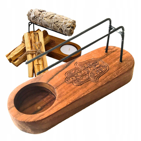 Mała Podstawka pod Palo Santo - Drewno Teak - Hamsa Ręka Fatimy