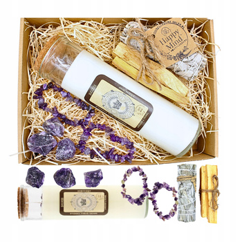 Zestaw Rytualny - Duża Świeca z Kamieniami - Ametyst - Palo Santo - Szałwia - 2x Bransoletka